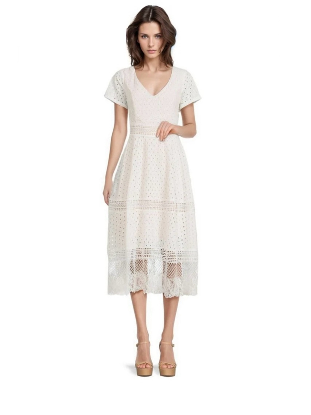 Shani Women’s White Eyelet Lace Midi Dress - V-Neck, Size 10